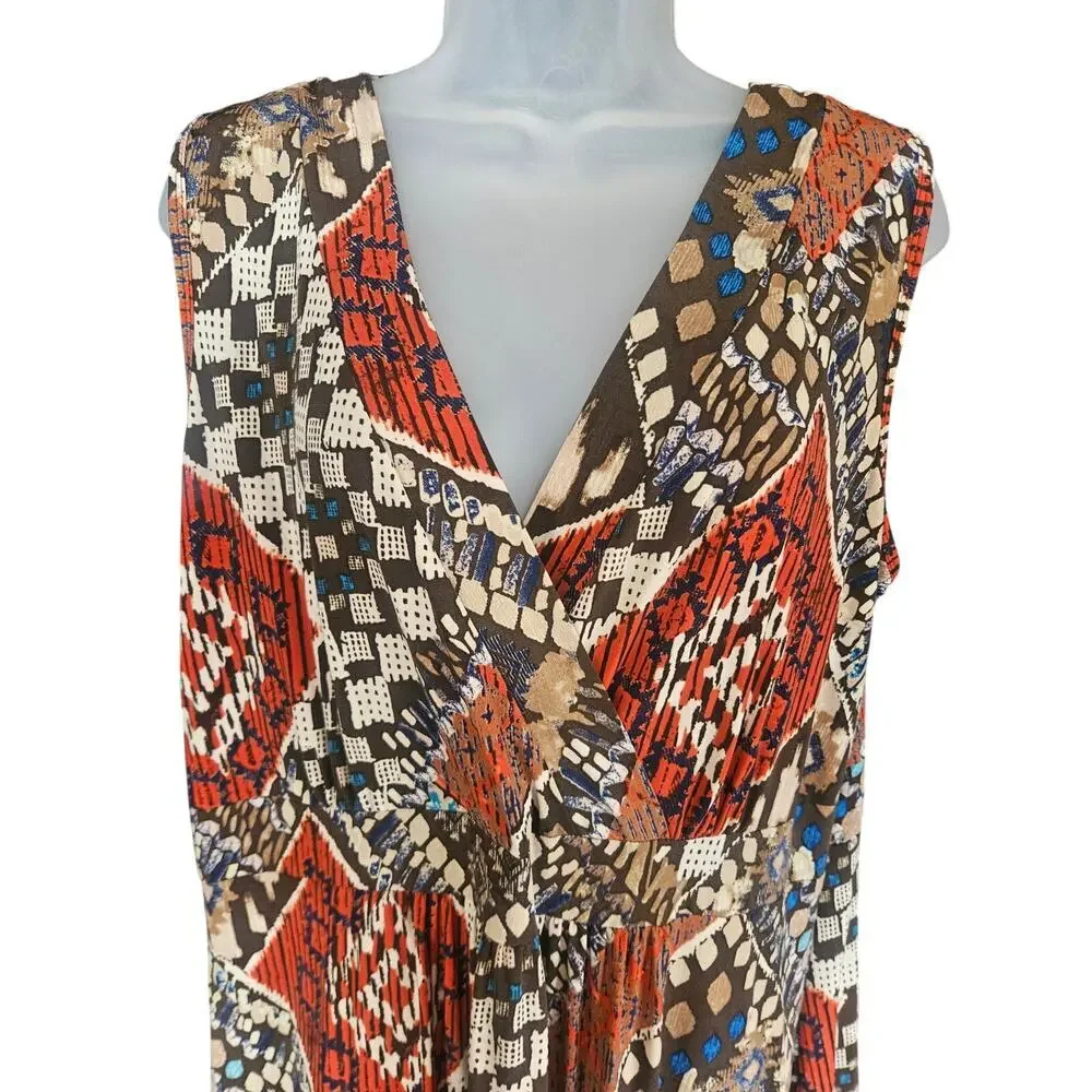Susan Lawrence Brown Orange Geometric Maxi Dress Sz 2X Stretchy V Neck
